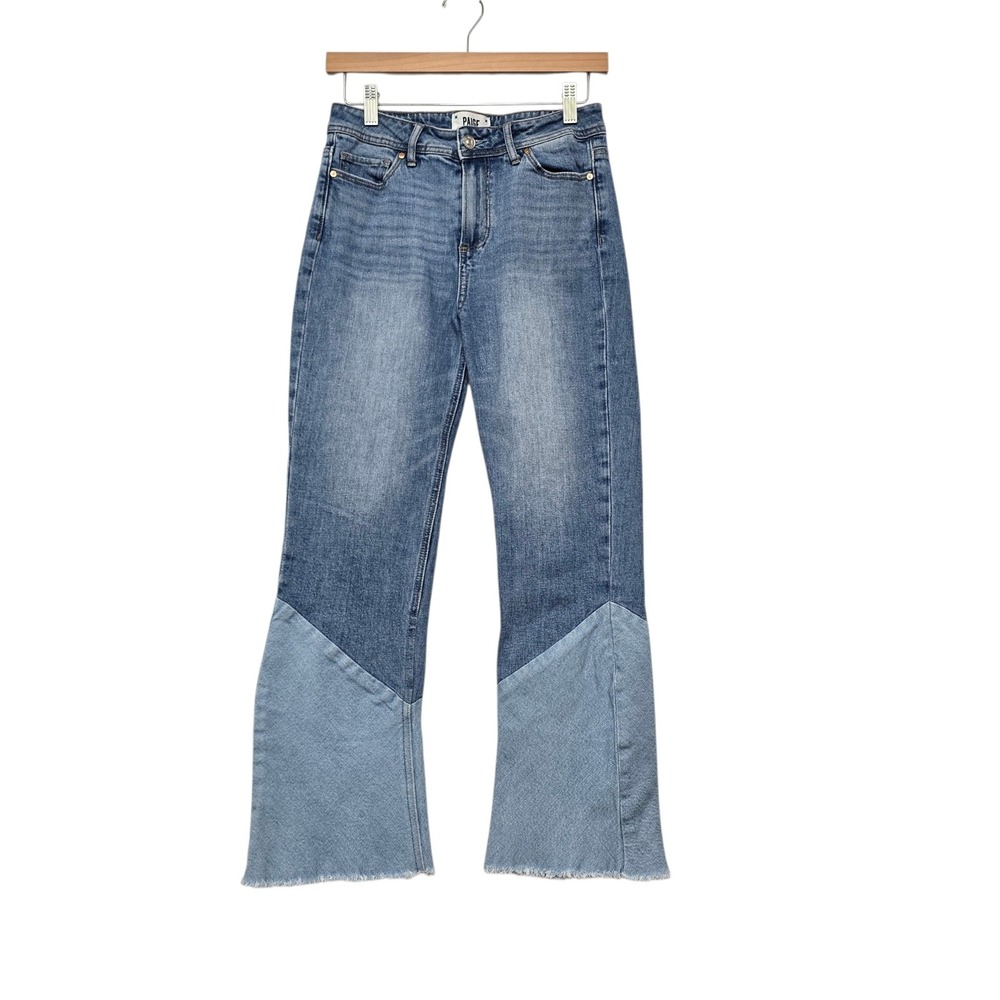 Paige Colette Crop Flare Jeans 26 Blue Two Tone Colorblock High Rise Raw‎ Hem